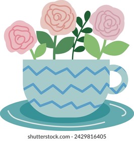 Blue cups with pink rose. Flat color botanical vector illustration. Vector flower.