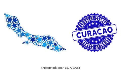 Blue Curacao Island map composition of stars, and textured rounded seal. Abstract territory plan in blue color tones. Vector Curacao Island map is designed with blue stars.