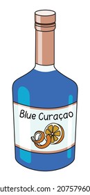 Blue Curacao Orange Liquor in a bottle. Doodle cartoon hipster style vector illustration isolated on white background. Good for party card, posters, bar menu or alcohol cook book recipe.
