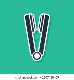 Blue Curling iron for hair icon isolated on green background. Hair straightener icon.  Vector Illustration