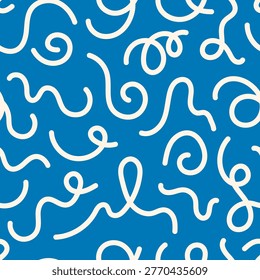 Blue Curly Doodle Seamless Pattern. Playful swirling Line composition with dynamic movement, loop curve squiggle elements for fun abstract background. Vector