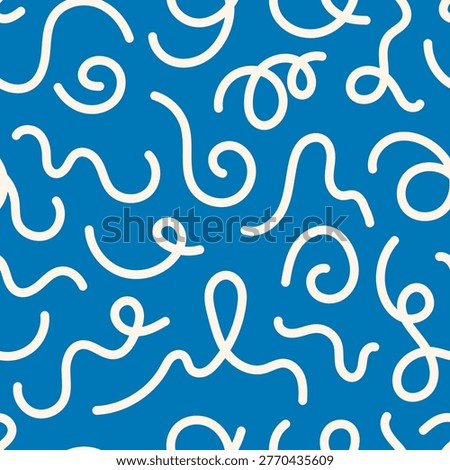 Blue Curly Doodle Seamless Pattern. Playful swirling Line composition with dynamic movement, loop curve squiggle elements for fun abstract background. Vector