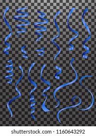 blue Curly and glossy ribbon isolated over the  background, set collection of three different foreshortening