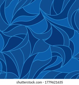 Blue curly waves tracery, colored curved lines, stylized abstract petals pattern. Vector seamless background. Texture wallpapers for printing on paper or fabric