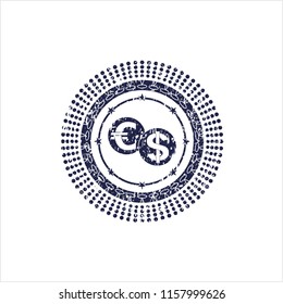 Blue currency exchange icon inside distressed rubber grunge seal