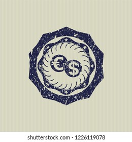 Blue currency exchange icon inside rubber seal