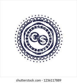 Blue currency exchange icon inside distress rubber grunge stamp