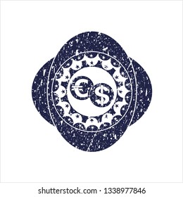 Blue currency exchange icon inside rubber grunge texture stamp