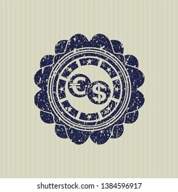 Blue currency exchange icon inside distress rubber grunge seal