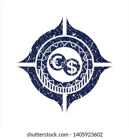 Blue currency exchange icon inside rubber stamp with grunge texture