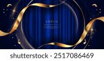 Blue curtain background. Golden confetti banner and ribbon background. Celebration grand openning party happy concept. Vector illustration