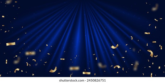 Blue curtain background. Golden confetti banner and ribbon on white background. Celebration grand openning party happy concept. Vector illustration