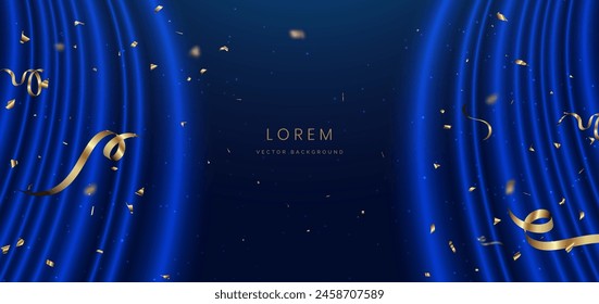 Blue curtain background. Golden confetti banner and ribbon on white background. Celebration grand openning party happy concept. Vector illustration