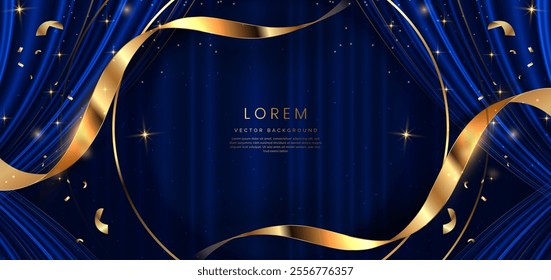 Blue curtain background. Golden confetti banner and ribbon background. Celebration grand openning party happy concept. Vector illustration