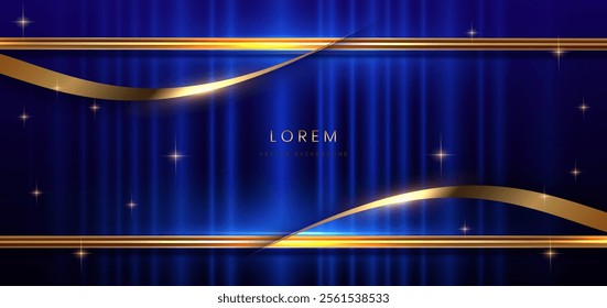 Blue curtain background. Golden confetti banner and ribbon background. Celebration grand openning party happy concept. Vector illustration