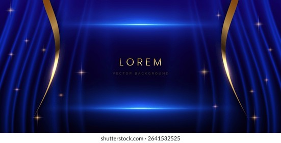Blue curtain background. Golden confetti banner and ribbon background. Celebration grand openning party happy concept. Vector illustration