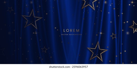Blue curtain background with golden star decoration elegant. Celebration party happy concept. Vector illustarion