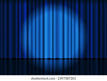 Blue curtain background. Spotlight on stage curtain. Theatrical drapes. Wavy velvet background.