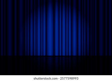 Blue curtain background. Spotlight on stage curtain. Theatrical drapes. Wavy velvet background. Vector illustration