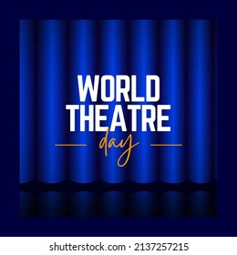 blue curtain background vector with world theater day text