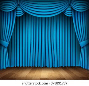 Blue curtain of classical theater with wood floor