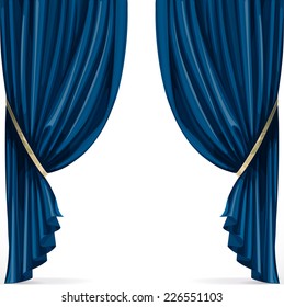 Blue curtain collected in folds ribbon isolated on a white background