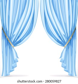 Blue curtain collected in folds ribbon isolated on a white background
