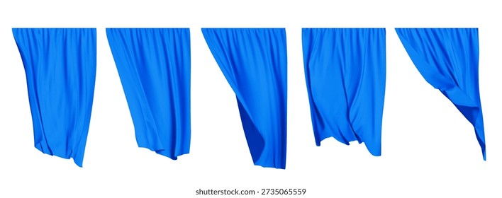 Blue curtain. Different textile drapery. Silk or velvet texture. Luxury home window interior. Hanging cloth vintage. Realistic isolated elements. Vector set