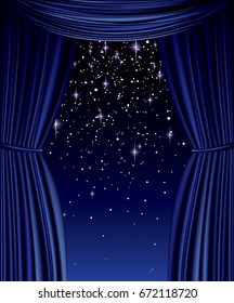 Blue curtain full vector with stars and glitter