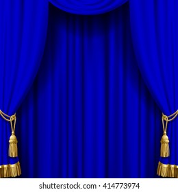 Blue curtain with gold tassels. Artistic poster and background. Vector illustration