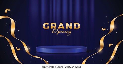 Blue curtain with golden confetti and ribbon background. Elegant podium with grand opening text banner.