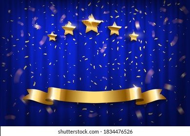 Blue curtain with golden confetti, stars and ribbon. Show opening, celebration event, announcement, festive performance vector illustration. Shining party invitation poster.