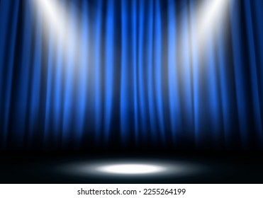 Blue curtain illuminated by spotlights. Closed velvet drapes. Vector illustration.