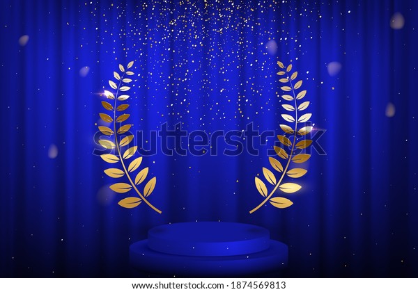 Blue curtain, laurel twigs realistic
illustration. Golden glitters, bokeh effect. Retro crimson
background for text. Winner wreath for cinema festival award
nominee. Round frame on velvet
backdrop
