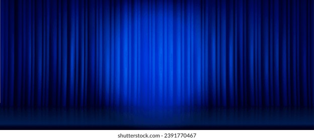 Blue curtain with light spot on stage. Vector realistic illustration of concert hall with glossy floor and fabric drapery, awarding or graduation ceremony, standup comedy show banner background