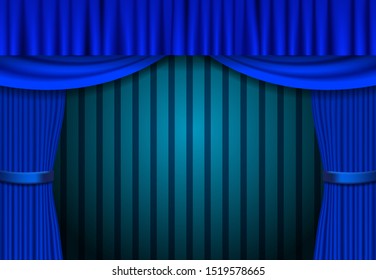 Blue curtain on vintage background. Design for presentation, concert, show. Vector illustration