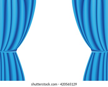 Blue curtain opened on white background. Vector illustration