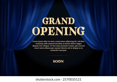 Blue curtain with spotlight. Grand opening announcement witch golden text.
