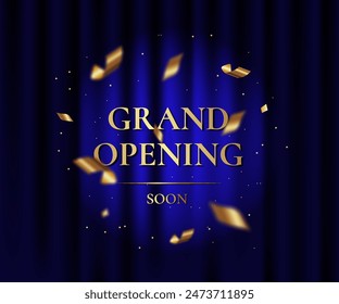 Blue curtain with spotlight. Grand openning luxury banner witch golden text, foil confetti and glitter. Vector illustration