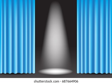 Blue curtain with spotlight on black stage design background vector illustration.