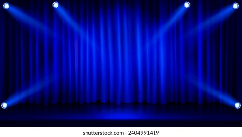 Blue curtain with spotlights on stage. Vector realistic illustration of concert hall with lamps shining bright, glossy floor and fabric drapery, awarding or graduation ceremony, show banner background