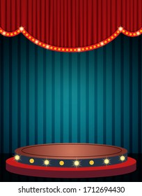 Blue curtain and stage podium on vintage background. Design for presentation, concert, show. Vector illustration