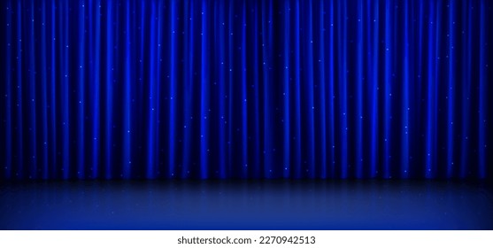 Cortina azul para teatro o cine. Fondo de cine, espectáculo o concierto con cortinas de terciopelo cerradas. Derrame de tela teatral de lujo con brillo, fondo vectorial realista