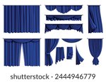 Blue curtain. Theatre and cinema stage decoration. Different textile drapery. Silk or velvet texture. Luxury home window interior. Hanging cloth vintage. Realistic isolated elements. Vector set