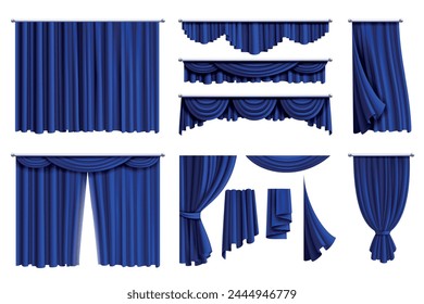 Blue curtain. Theatre and cinema stage decoration. Different textile drapery. Silk or velvet texture. Luxury home window interior. Hanging cloth vintage. Realistic isolated elements. Vector set