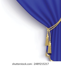 Blue curtain. Theatre and cinema stage decoration. Different textile drapery. Silk or velvet texture. Luxury home window interior. Hanging cloth vintage. Realistic isolated elements