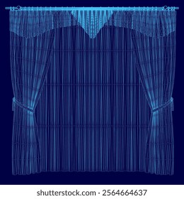 Blue curtain with a trim. The curtain is hanging from a rod