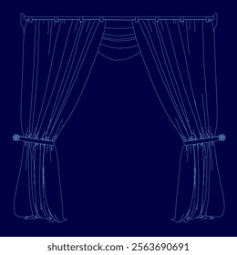 Blue curtain with a white trim is drawn on a blue background. The curtain is drawn open, revealing a window. Scene is calm and peaceful, as the curtain is drawn open to let in natural light