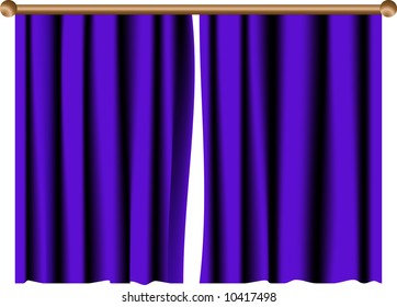 Blue curtain with wooden rail