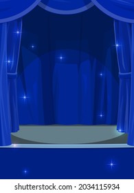 Blue curtains on stage. Circus or theater empty stage with opened drapery, cartoon vector background or backdrop with concert hall, stand up club, music performance empty stage with shiny magic sparks